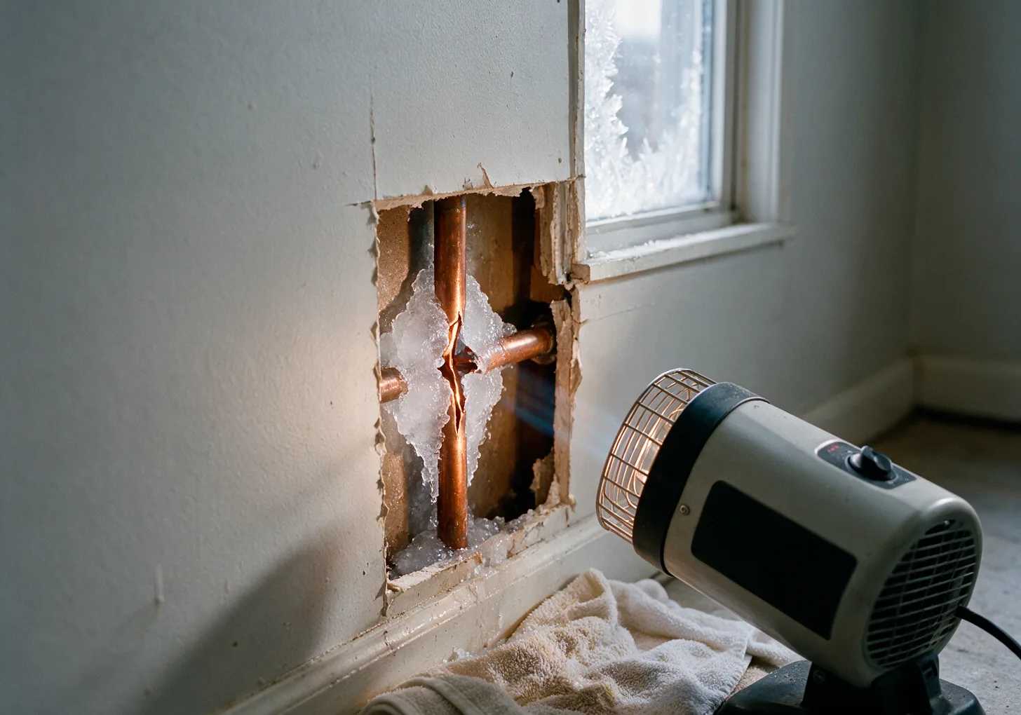 A frozen split copper pipe inside an exterior wall