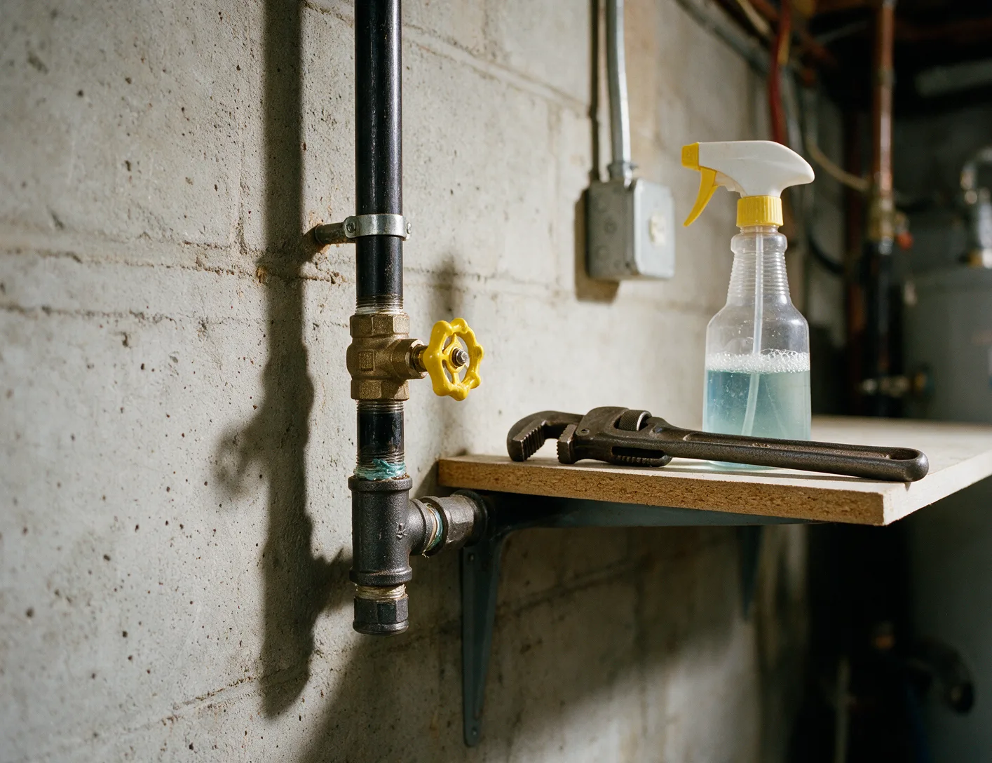 New black iron gas pipe with a yellow shutoff valve