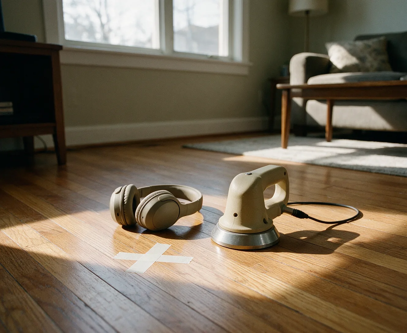 An acoustic leak detection microphone on a hardwood floor
