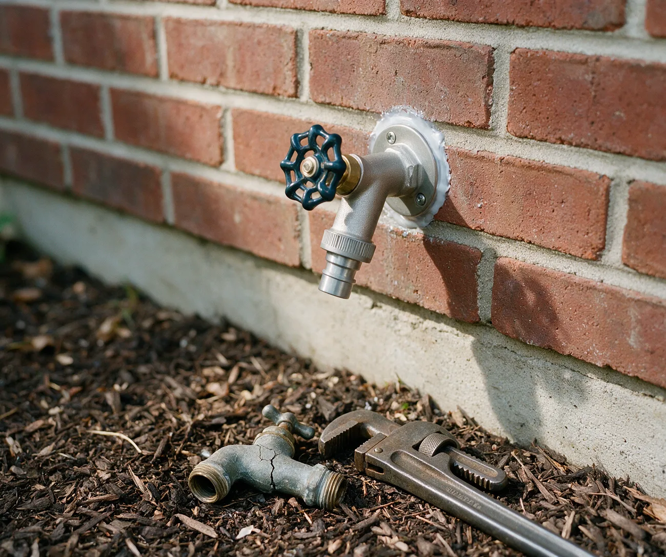 A new frost-free hose bib on a brick wall