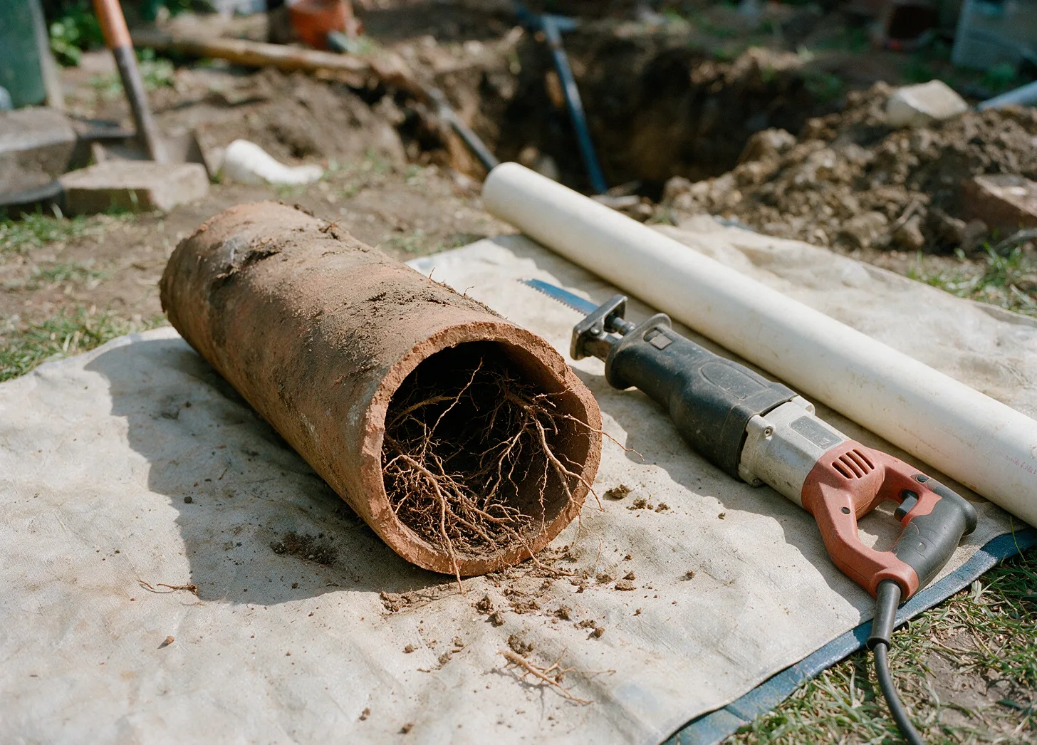 A cut-out clay sewer pipe packed with tree roots