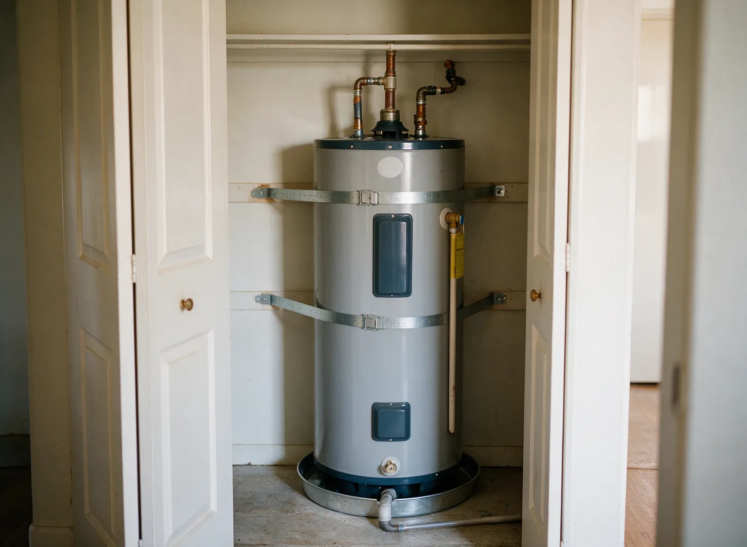 A new water heater secured with straps in a hallway closet