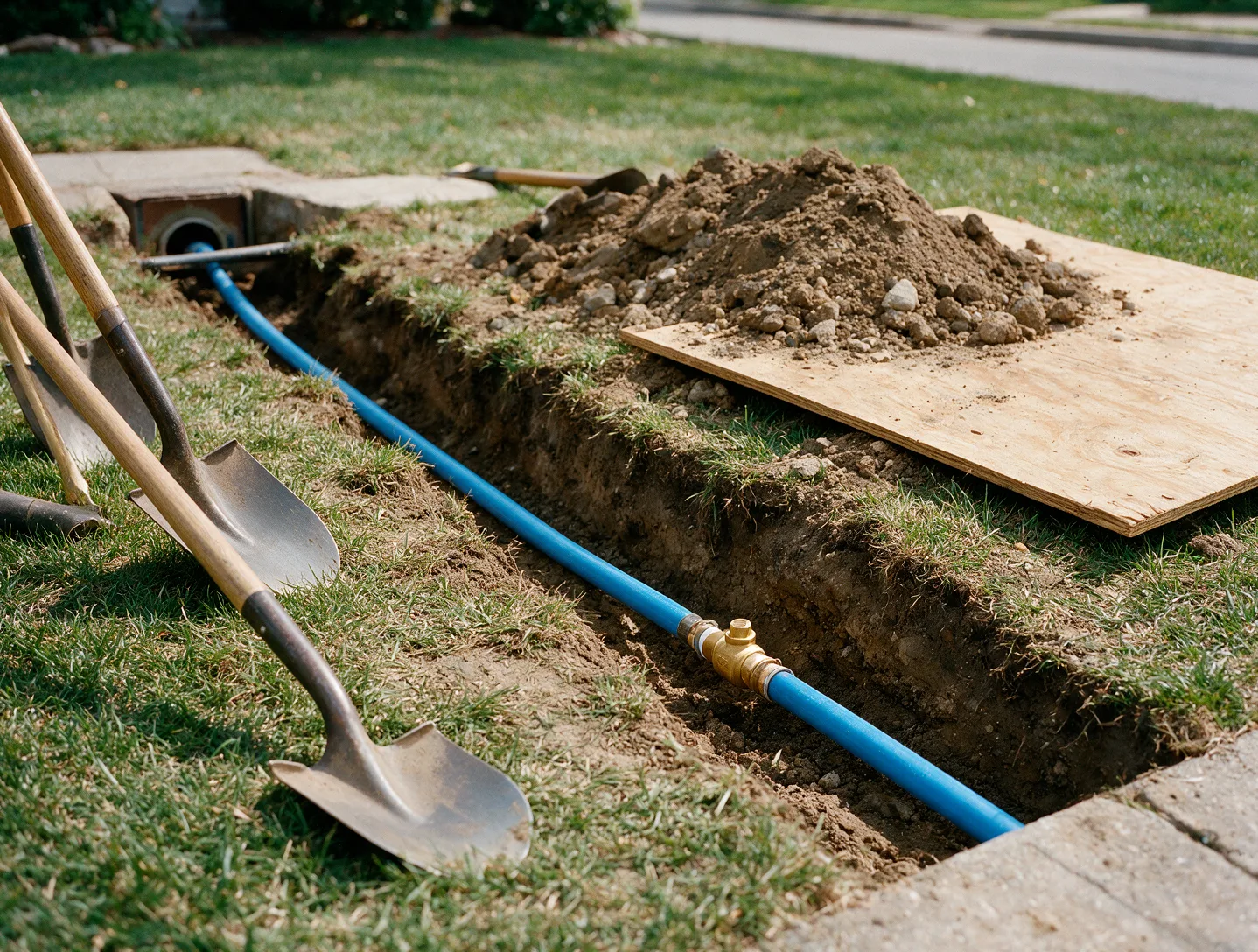 An exposed water service line in a front lawn trench
